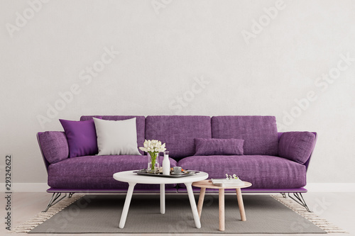Living room interior wall mock up with purple violet sofa  empty white wall with free space above on top  3D render  3D illustration