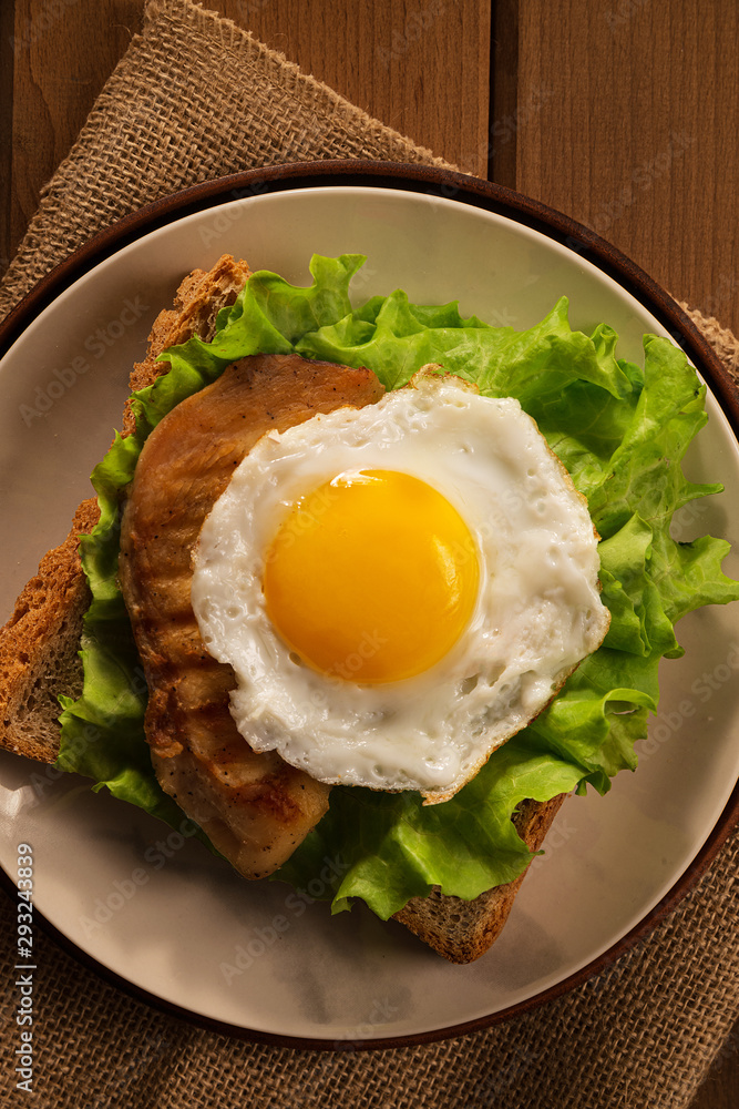 Fried egg and chicken on bread for breakfast on plate and rustic table Fried egg and chicken on bread for breakfast on plate and rustic table