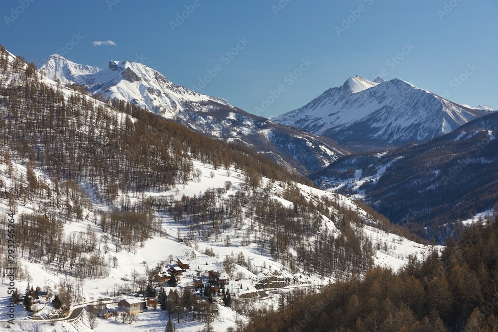Snowy mountains in winter weather in Val d'allos Foux