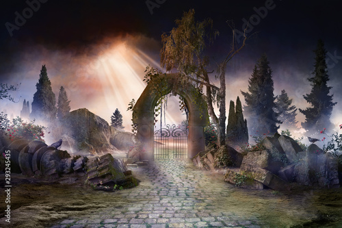 Canvas Print wuthering heights, dark, atmospheric landscape with archway and fir trees, sunbe