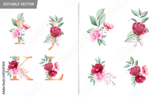 Floral alphabet set with watercolor flowers elements. Letters I, J, K, L with botanical arrangements composition. Flower bouquet illustration for wedding invitation decoration design vector