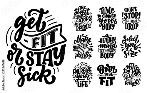 Abstract lettering set about sport and fitness for poster or print design. Healthy lifestyle. Modern calligraphy for business success concept. Handwritten letters. Typography funny quotes. Vector
