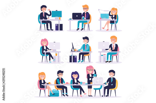 set of female and male office worker sitting together in front of computer premium vector illustration. office worker meeting with manager premium vector illustration