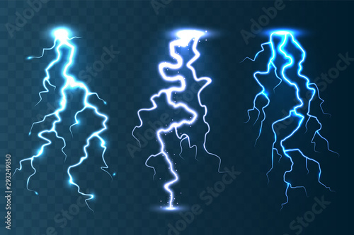 Realistic lightning collection on blue transparent background. Thunderstorm and lightning bolt. Sparks of light. Stormy weather effect. Vector illustration.