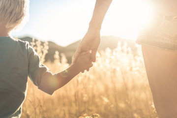 Mother little child holding hands walking in a grass field at sunset.   