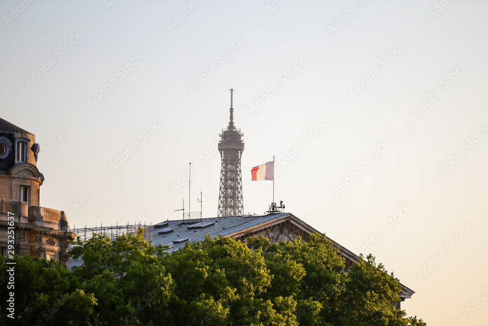 French flag flying in the dawn sky
