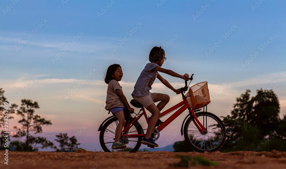 custom made wallpaper toronto digitalSilhouette two children playing riding bike on mountain at sunset sky background