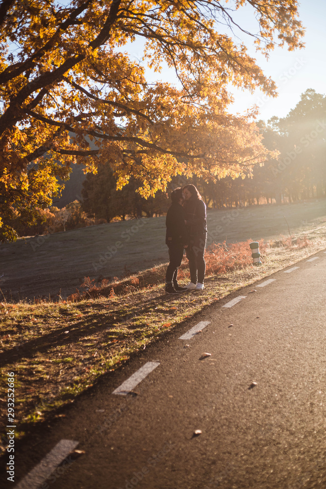 Young couple kissing along asphalt road in colorful autumn beech and oaks forest. Autumn road in mountains. Love and nature concept. Young couple kissing along asphalt road in colorful autumn beech and oaks forest. Autumn road in mountains. Love and nature concept.