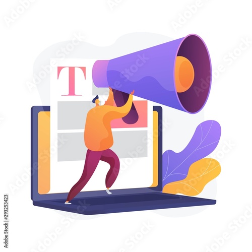Content and mass media marketing. Copywriting Internet advertising. Promotional article, news, broadcasting. Blogger, person holding megaphone. Vector isolated concept metaphor illustration
