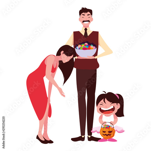 Halloween man and woman giving candies vector design icon