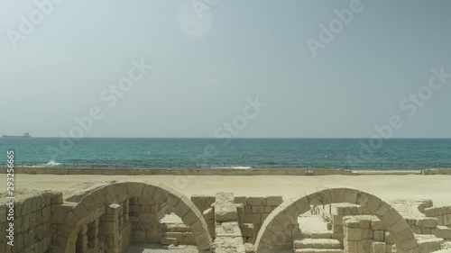 Caesarea Israel Static Shot of Arches and Mediterranean Sea