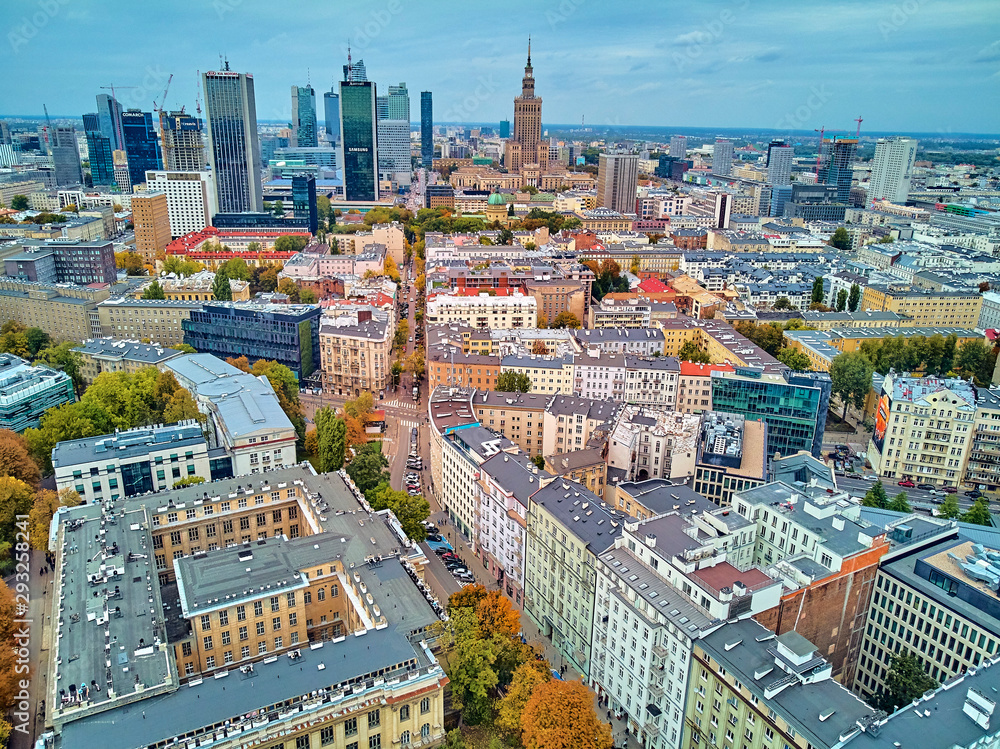 Beautiful panoramic aerial drone view to The Main Building of the Warsaw University of Technology - the historic building located on the square of the Warsaw University of Technology