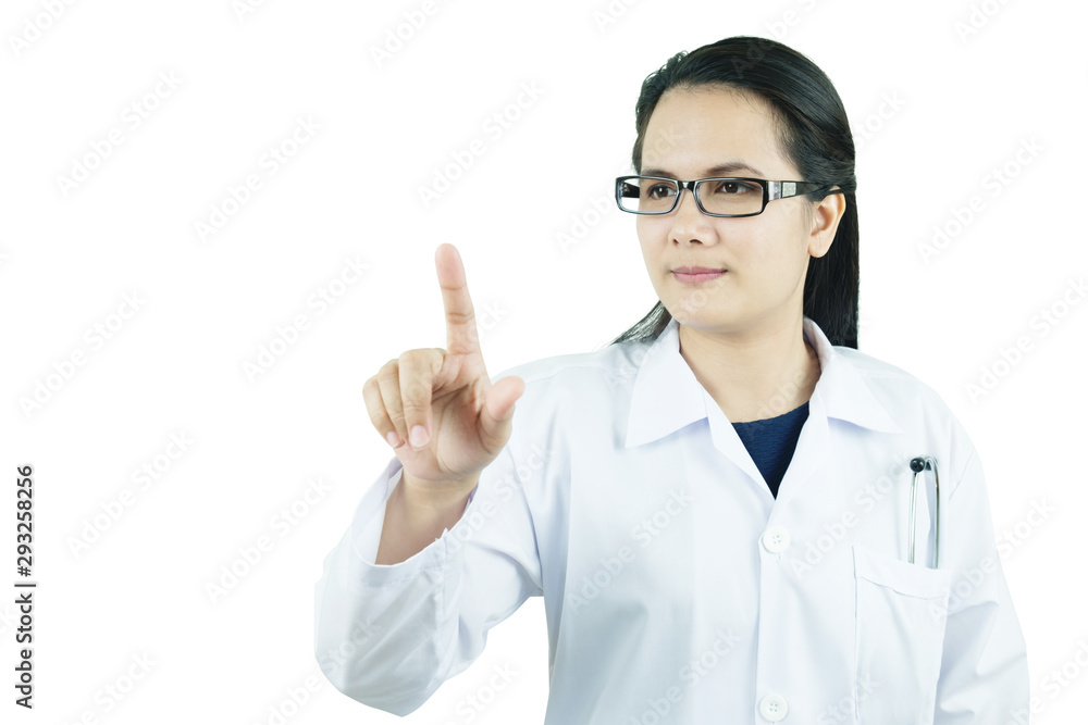 Smiling young female doctor pointing with finger. Smiling young female doctor pointing with finger.