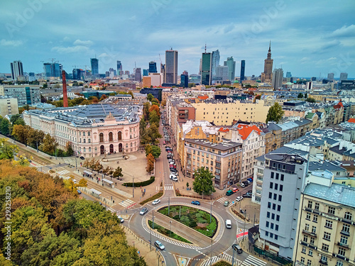 Beautiful panoramic aerial drone view to The Main Building of the Warsaw University of Technology - the historic building located on the square of the Warsaw University of Technology photo