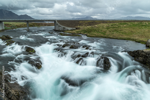 A horizontal shot of rushing river rapids below a bridge in Iceland