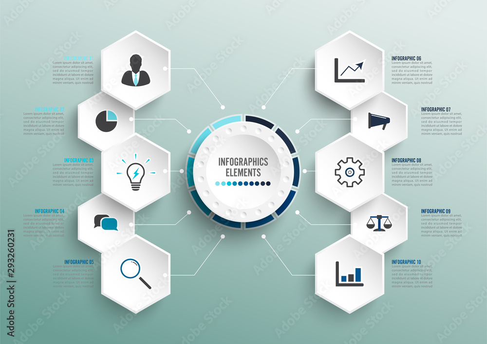 Vector infographic template with 3D paper label, integrated circles. Business concept with 10 options. For content, diagram, flowchart, steps, parts, timeline infographics, workflow, chart. Vector infographic template with 3D paper label, integrated circles. Business concept with 10 options. For content, diagram, flowchart, steps, parts, timeline infographics, workflow, chart.