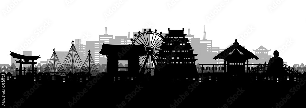 Silhouette panorama view of Nagoya city skyline with world famous landmarks of Japan in paper cut style vector illustration.