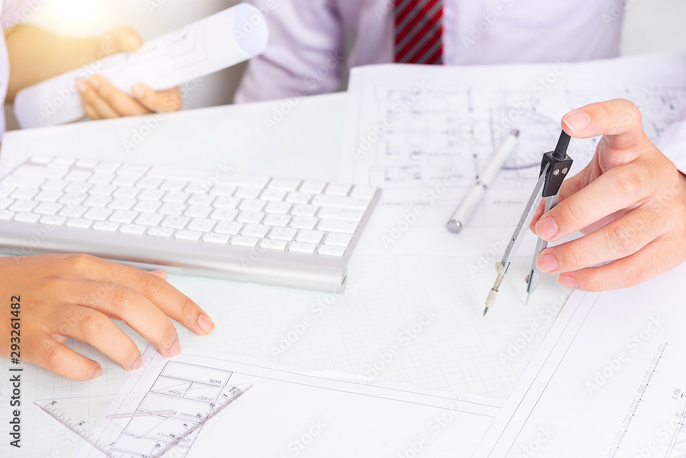 Cooperation Corporate Achievement Planning Design Draw Teamwork Concept, close-up Of Person's engineer Hand Drawing Plan On Blue Print Cooperation Corporate Achievement Planning Design Draw Teamwork Concept, close-up Of Person's engineer Hand Drawing Plan On Blue Print