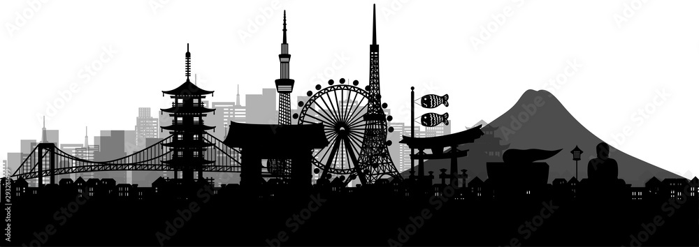 Fototapeta premium Silhouette panorama view of Tokyo city skyline with world famous landmarks of Japan in paper cut style vector illustration.