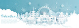 Panorama postcard and travel poster of world famous landmarks of Fukuoka, Japan in winter season with falling snow in paper cut style vector illustration