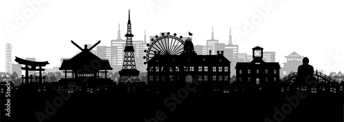 Silhouette panorama view of Sapporo city skyline with world famous landmarks of Japan in paper cut style vector illustration.