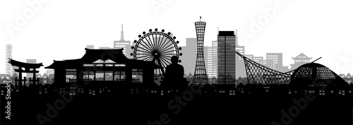 Silhouette panorama view of Kobe city skyline with world famous landmarks of Japan in paper cut style vector illustration.