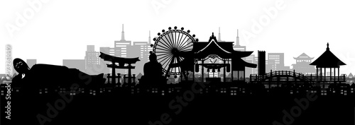 Silhouette panorama view of Fukuoka city skyline with world famous landmarks of Japan in paper cut style vector illustration.