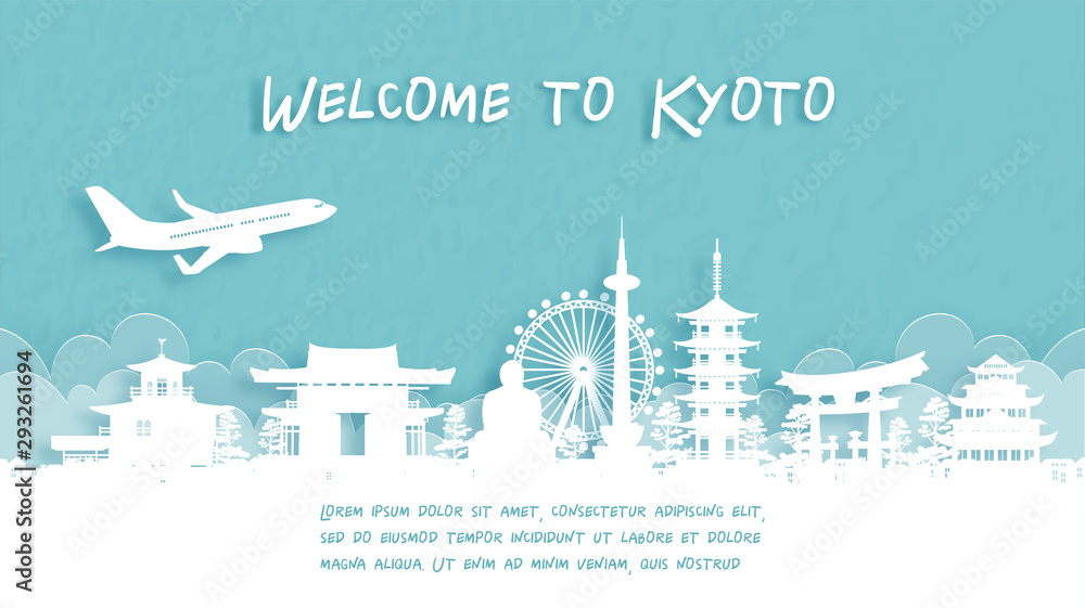 Travel poster with Welcome to Kyoto, Japan famous landmark in paper cut style vector illustration.