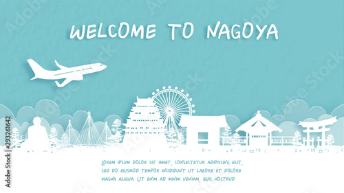 Travel poster with Welcome to Nagoya, Japan famous landmark in paper cut style vector illustration. photo