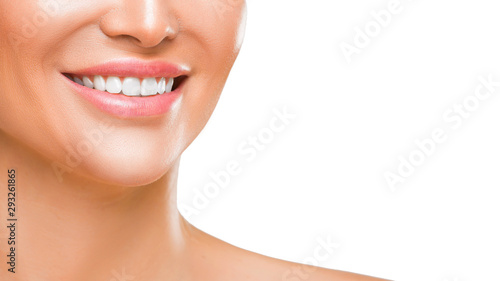 Woman's smile with white healthy teeth, isolated on white background.