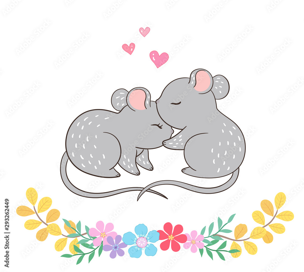 2 little mice, one kisses the other, there are flowers underneath 2 little mice, one kisses the other, there are flowers underneath