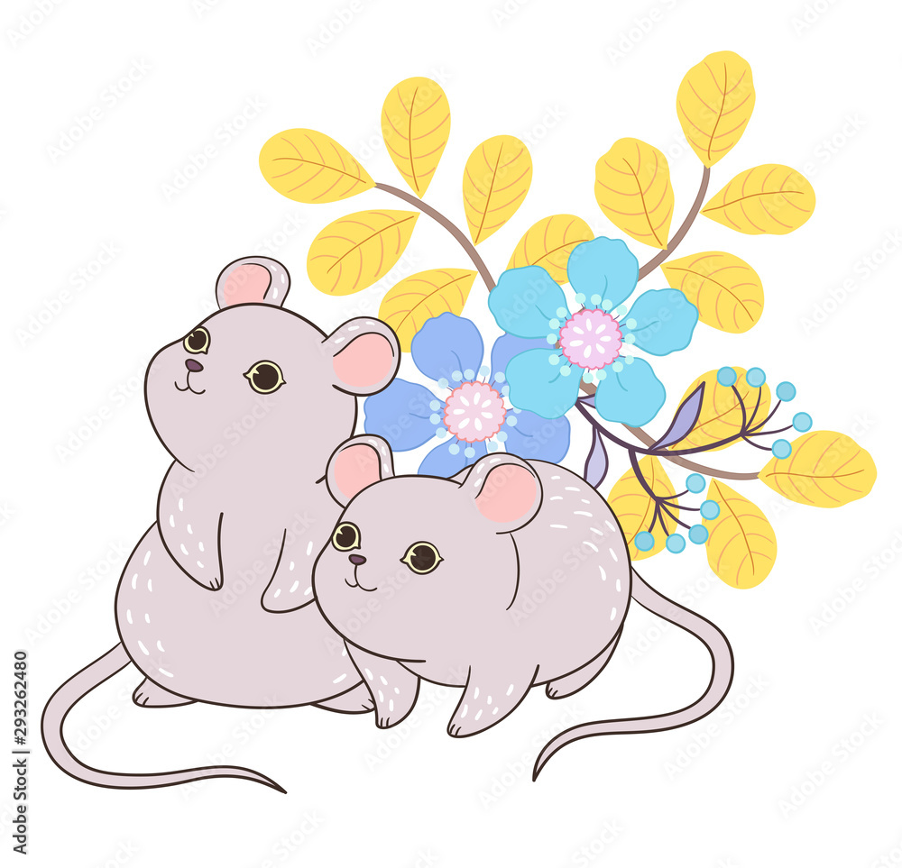 2 mice looking up, with flowers in the background 2 mice looking up, with flowers in the background