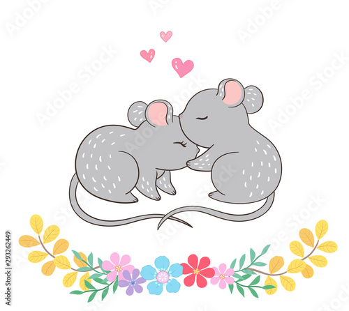 2 little mice, one kisses the other, there are flowers underneath © zhaowhat