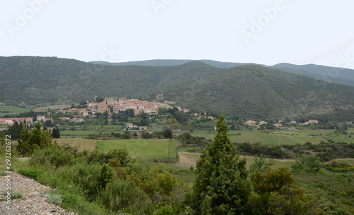 The general view on a village of Cucugnan in French mountains Pyrenees, France