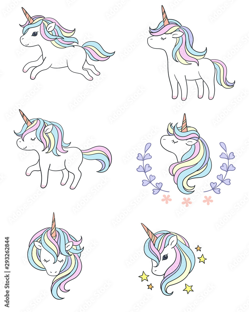 Fototapeta premium Various poses of the unicorn - head and colored hair