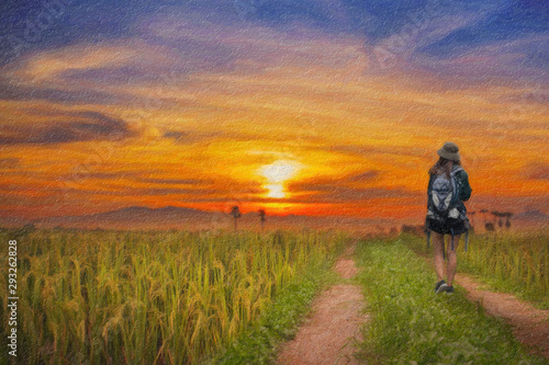 Oil paint - women walking in the field at sunset.