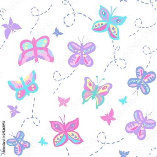 Seamless repeat pattern with buzzing flying butterflies in pastel pink and purple colors