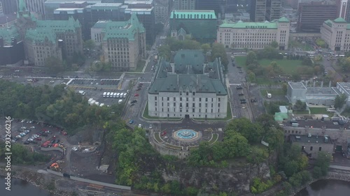 Aerial view of Canadian parliament through thick fog photo