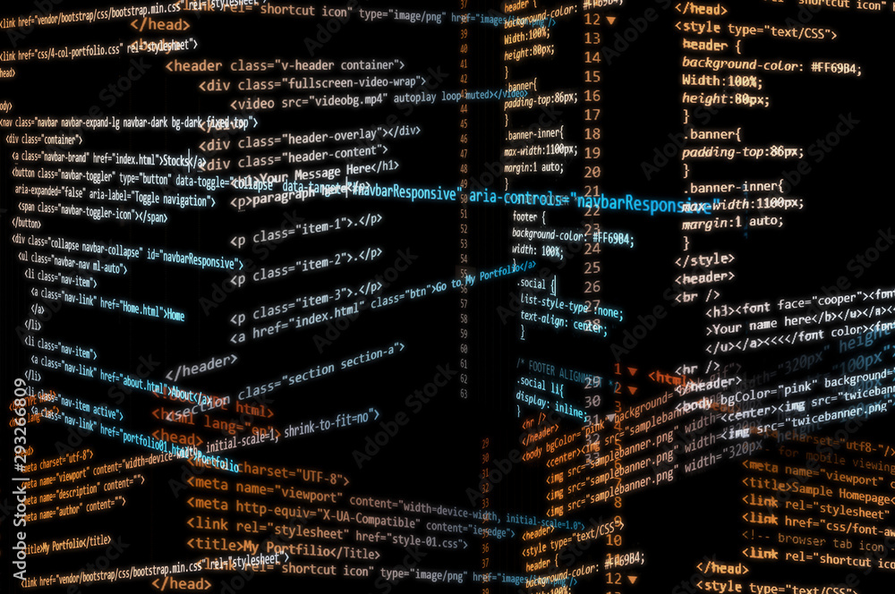 Random HTML codes in yellow and blue gradient overlay with black background. Random HTML codes in yellow and blue gradient overlay with black background.