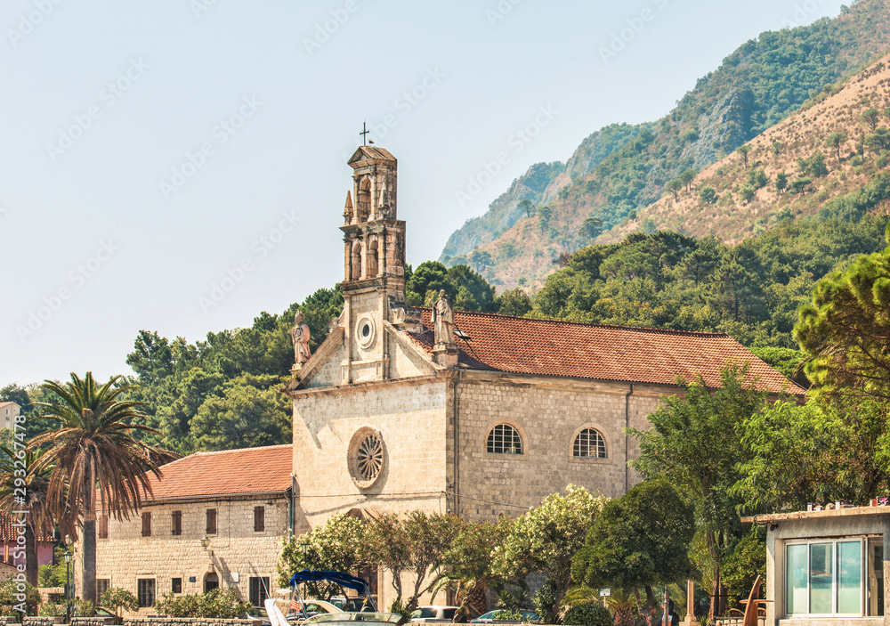 View of the church of St. Nicholas in the city of Prcanj, Montenegro.