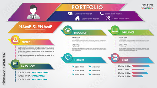 Portfolio resume infographics profile present template modern design with icons user interface kit for business, presentations and projects.Vector illustrator.