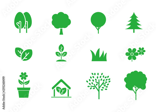Set of tree and plat vector illustration with green color suitable for icon 