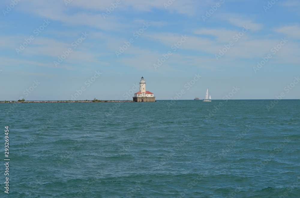 Summer in Illinois: Chicago Harbor Lighthouse at the Mouth of Chicago River on Lake Michigan