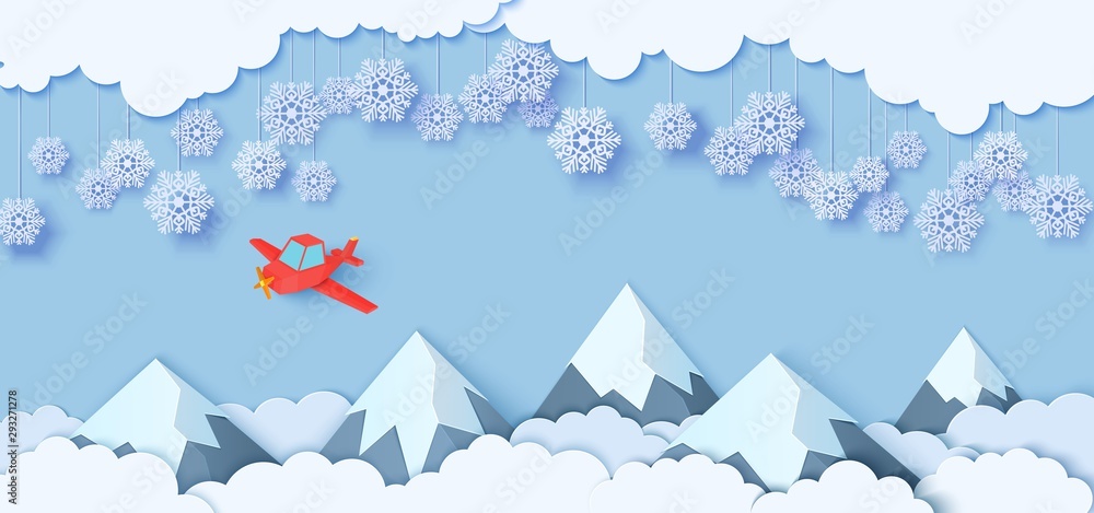 Snowflakes on ropes hanging over mountains and red airplane flying in paper cut style. Clouds in blue sky, plaine and snow capped mountains. Vector papercut winter concept. Merry Christmas sale.