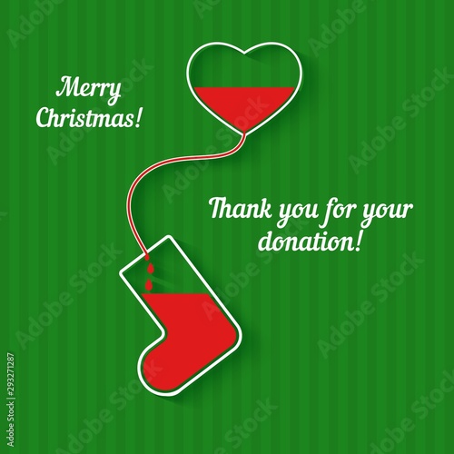 Red drops of blood flow from the heart into a vessel in the shape of a Christmas sock. Vector Thank you card in paper cut style. Blood transfusion creative poster concept on greeen striped background.