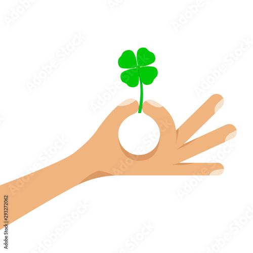Four leaf lucky green clover held in human hand. A traditional Irish symbol of St.Patrick. Flat style cartoon colorful concept vector illustration isolated on white background.
