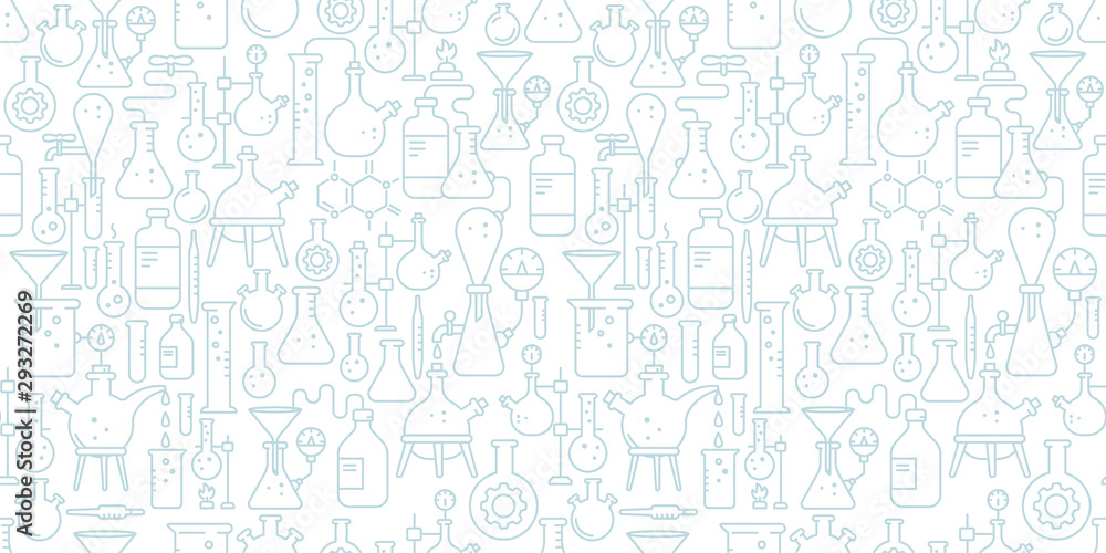 Chemistry seamless pattern background. Science education. Medical tests. Laboratory research. Outline contour blue light line.