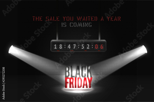 Black friday countdown vector banner template. Creative mega sale advert with counting time to start flip board. Realistic limelight beams illuminating discount offer, trendy poster design layout