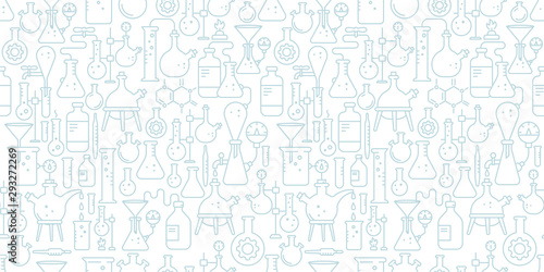 Chemistry seamless pattern background. Science education. Medical tests. Laboratory research. Outline contour blue light line.