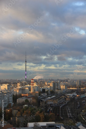 High-rise view of Moscow. City landscape with horizon, sky, clouds and the Ostankino TV-tower. © Irina Solonina